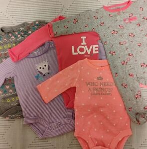 Lot Of 5 Newborn Baby Long Sleeve One Piece Set - Pinks, Grays, Purples